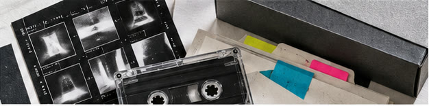 Illustrative collage of film frames, a cassette, and colored paper